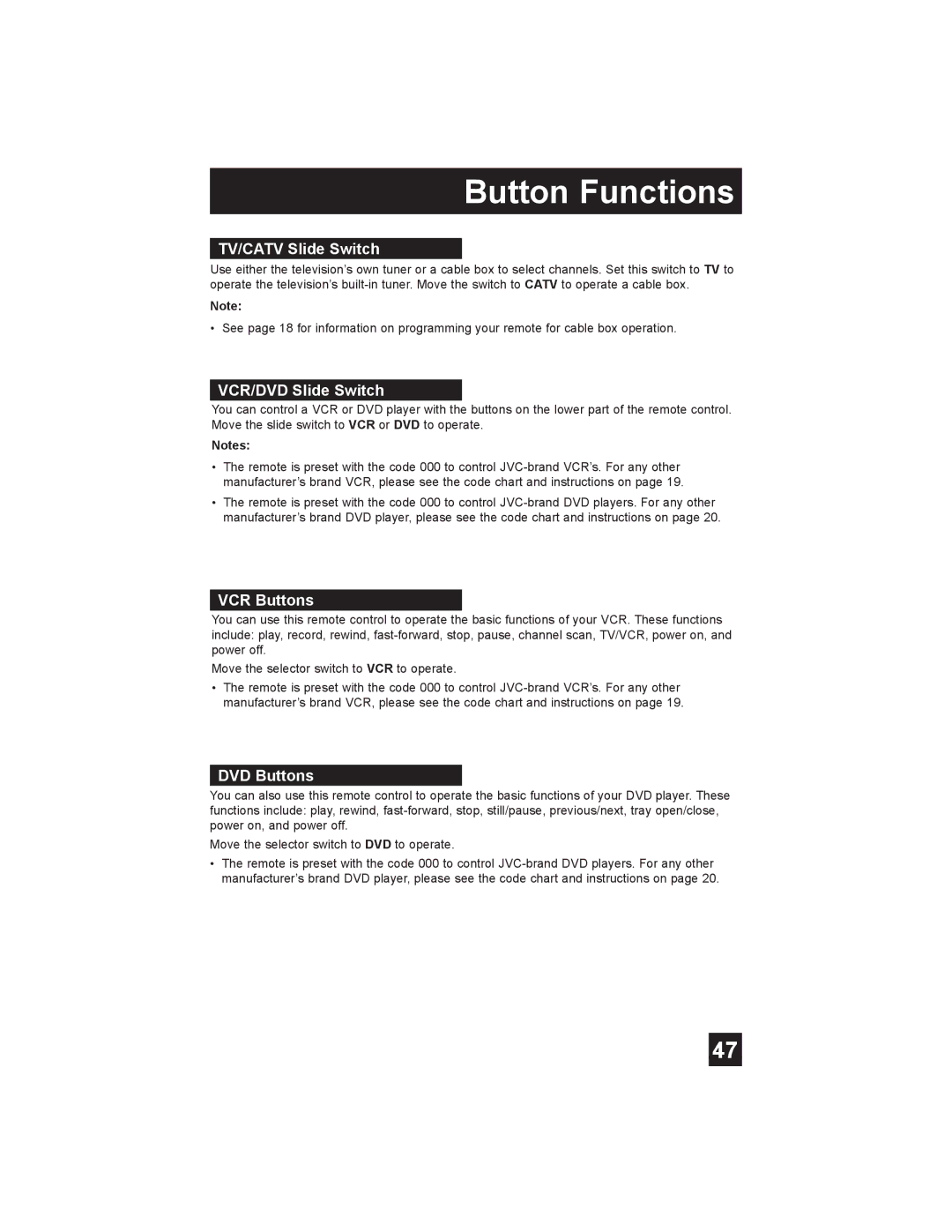 JVC AV-30W475 manual TV/CATV Slide Switch, VCR/DVD Slide Switch, VCR Buttons, DVD Buttons 