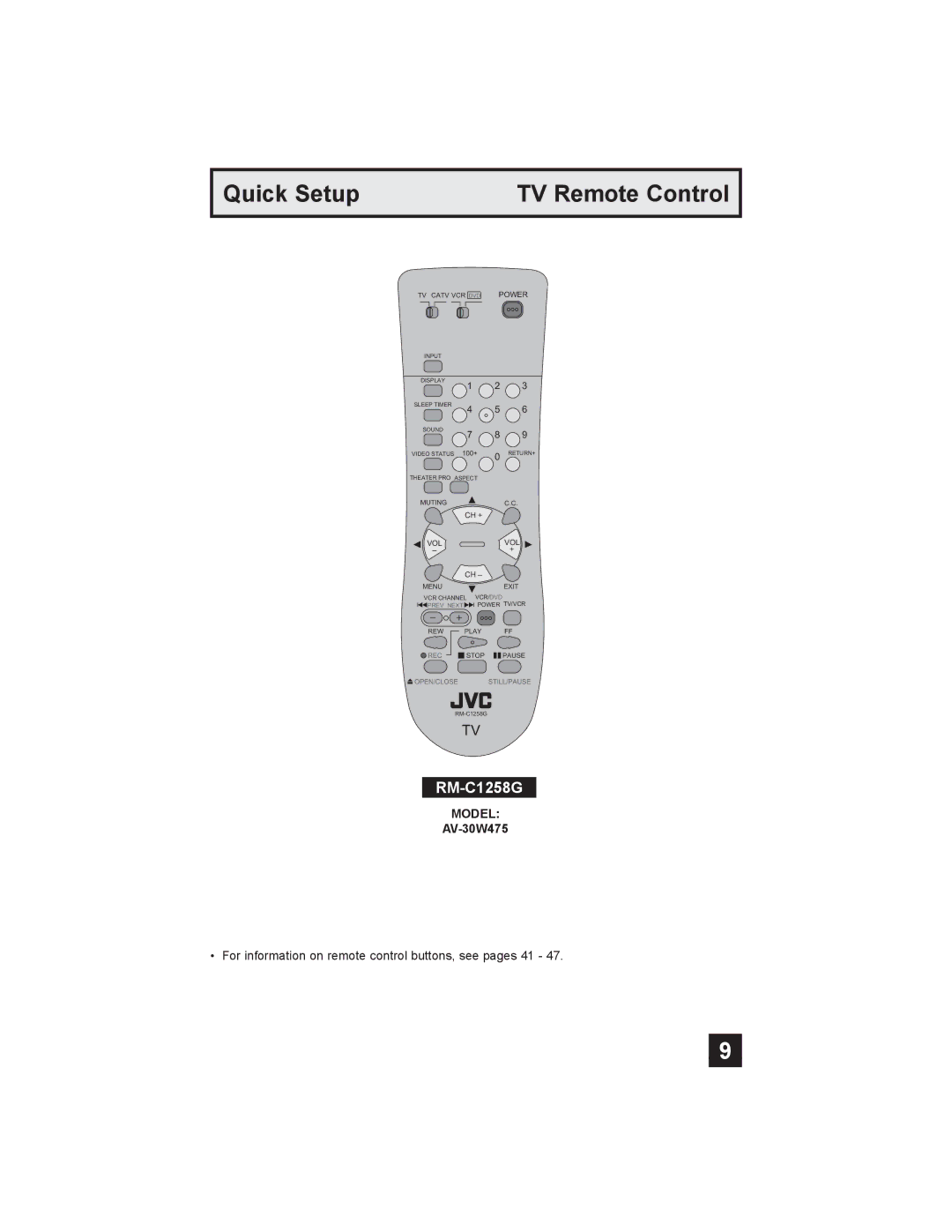 JVC AV-30W475 manual Quick Setup TV Remote Control, RM-C1258G 