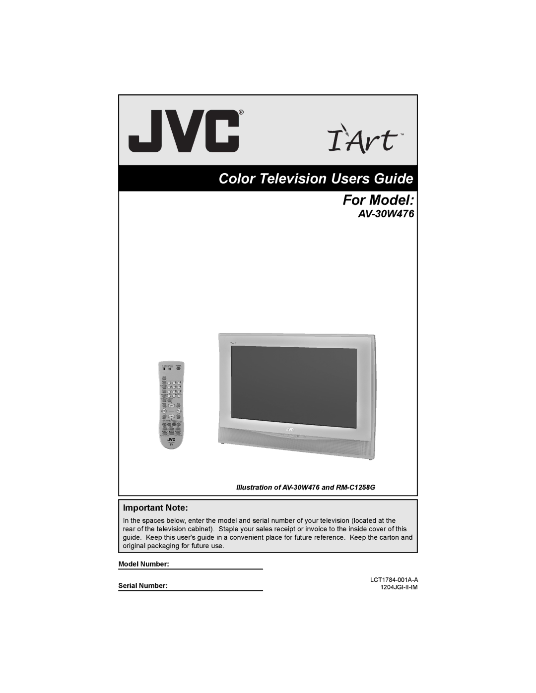 JVC AV 30W476 manual Important Note, Model Number Serial Number 