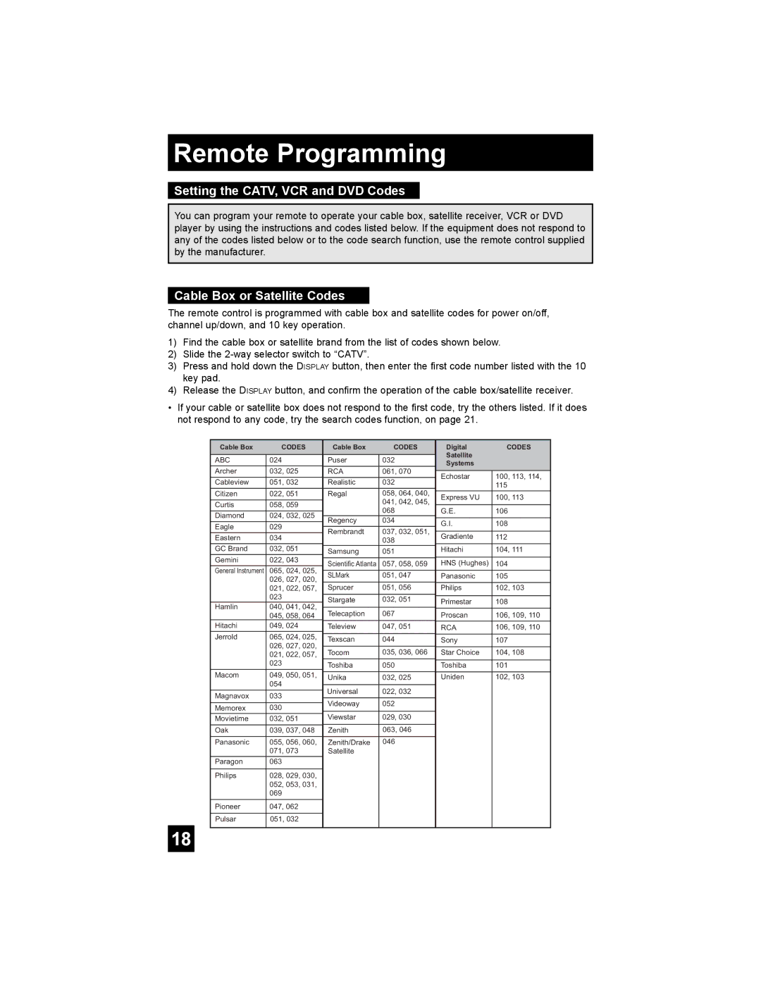 JVC AV 30W476 manual Remote Programming, Setting the CATV, VCR and DVD Codes, Cable Box or Satellite Codes 