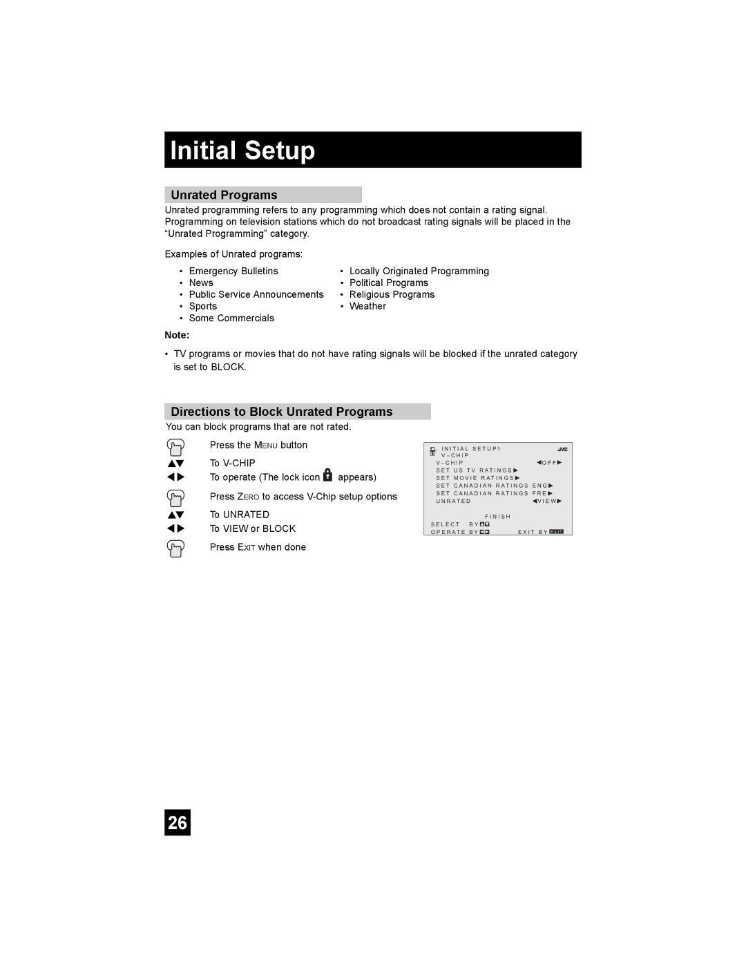 JVC AV 30W476 manual Directions to Block Unrated Programs 