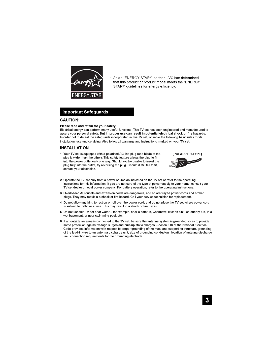 JVC AV 30W476 manual Important Safeguards, Please read and retain for your safety 