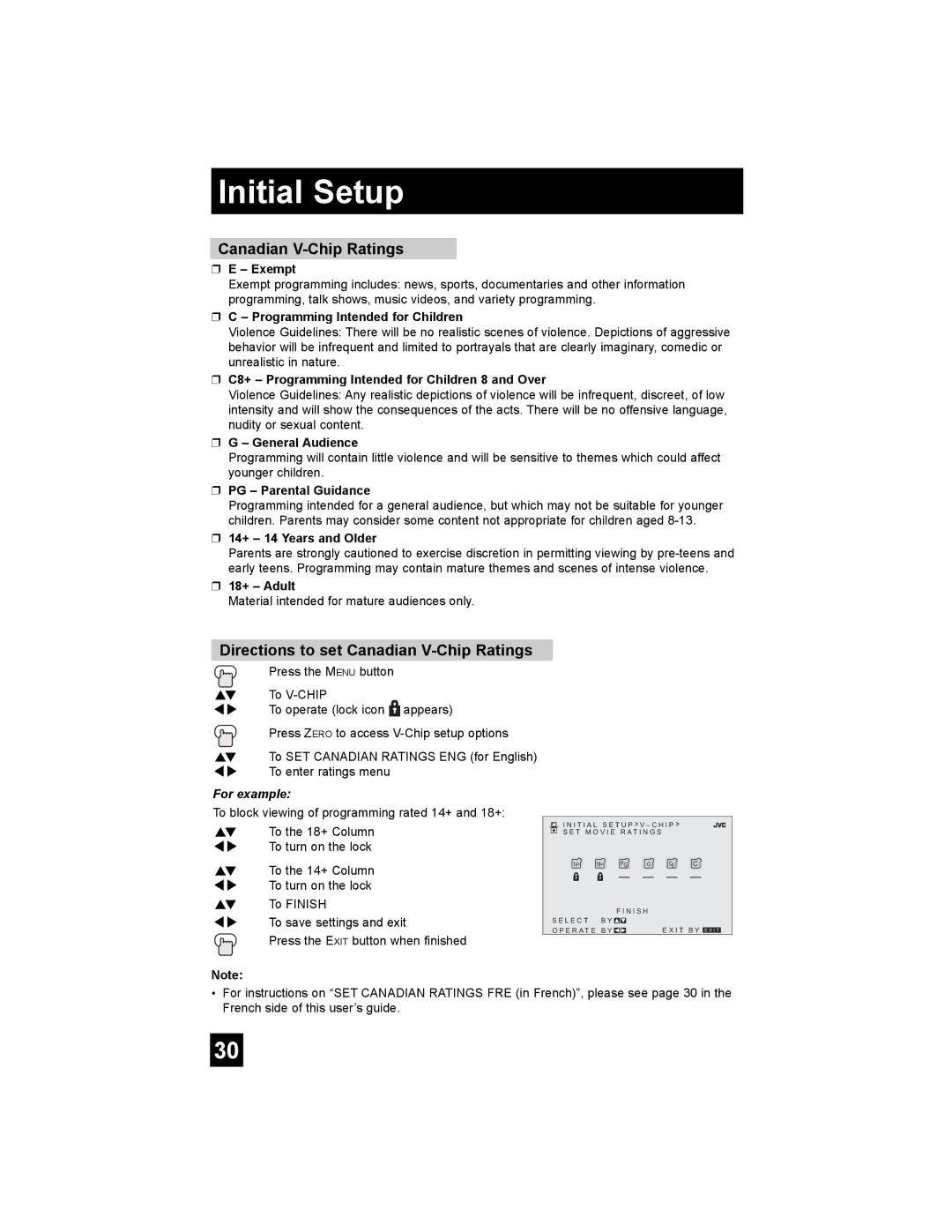 JVC AV 30W476 manual Directions to set Canadian V-Chip Ratings 