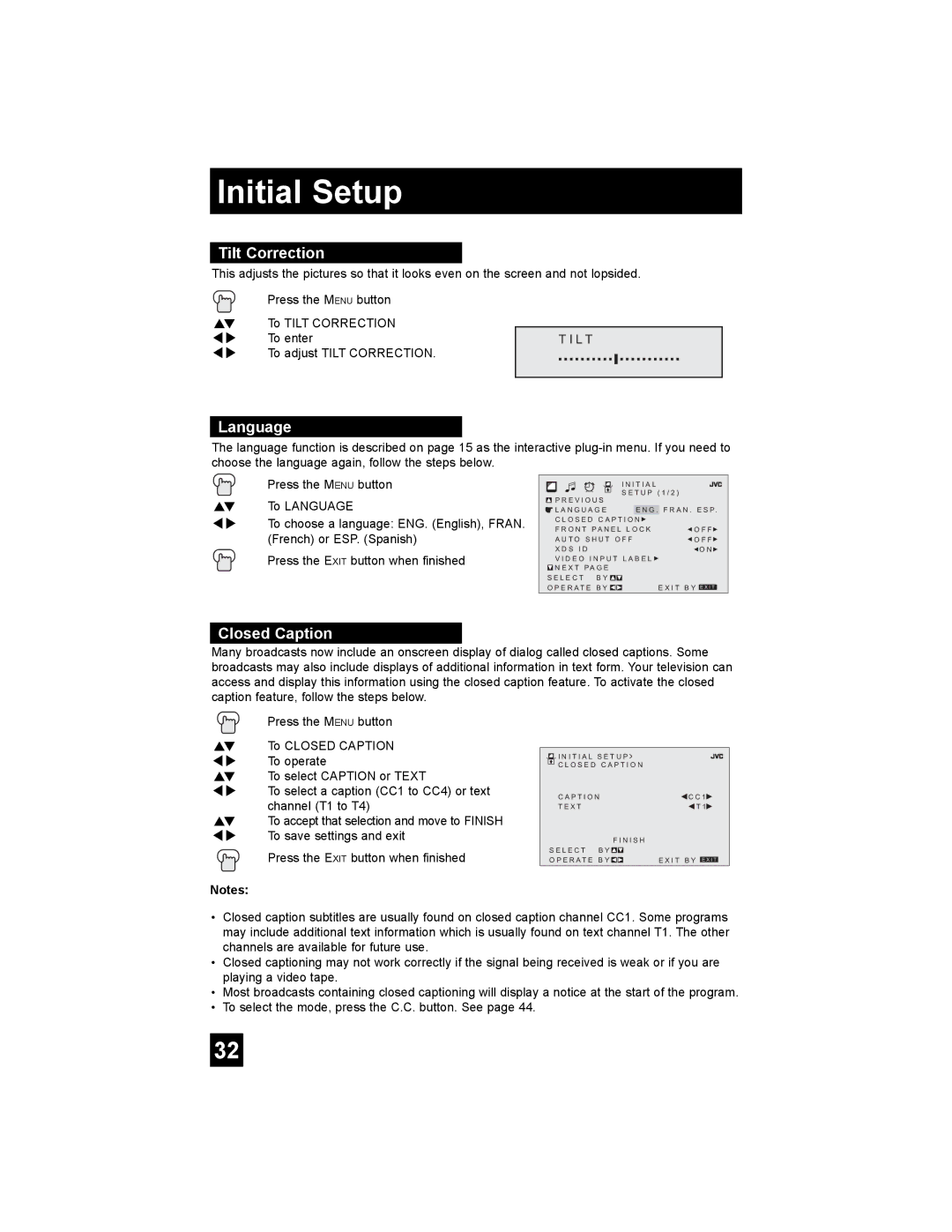 JVC AV 30W476 manual Tilt Correction, Language, Closed Caption 