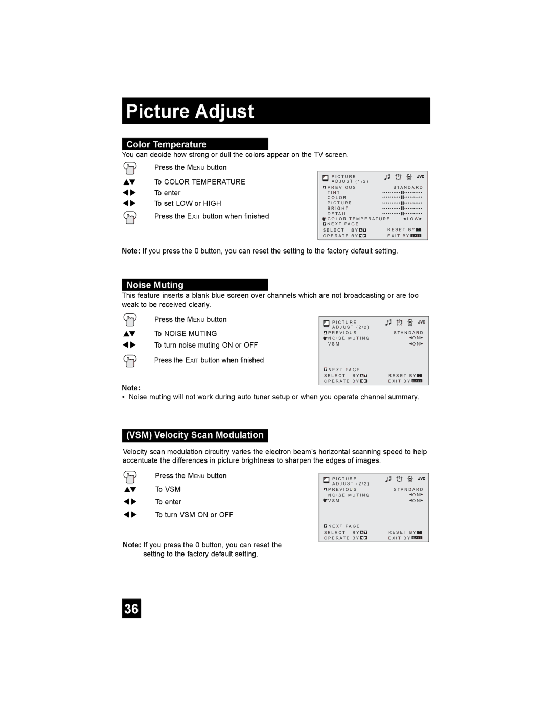 JVC AV 30W476 manual Color Temperature, Noise Muting, VSM Velocity Scan Modulation 