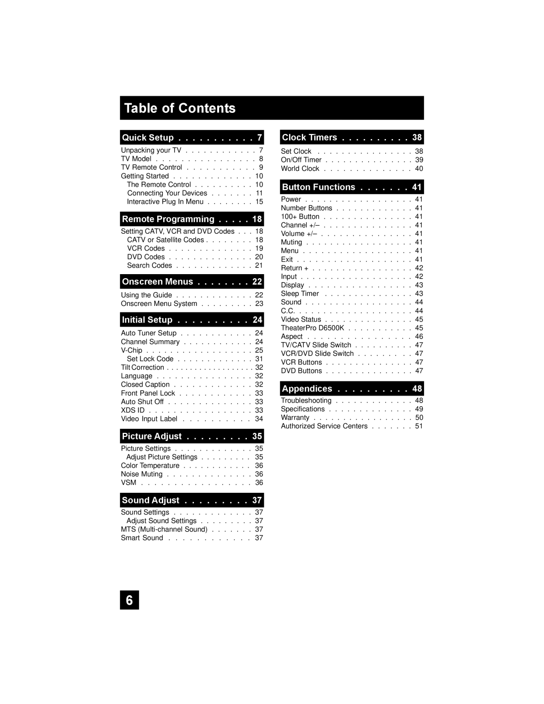 JVC AV 30W476 manual Table of Contents 