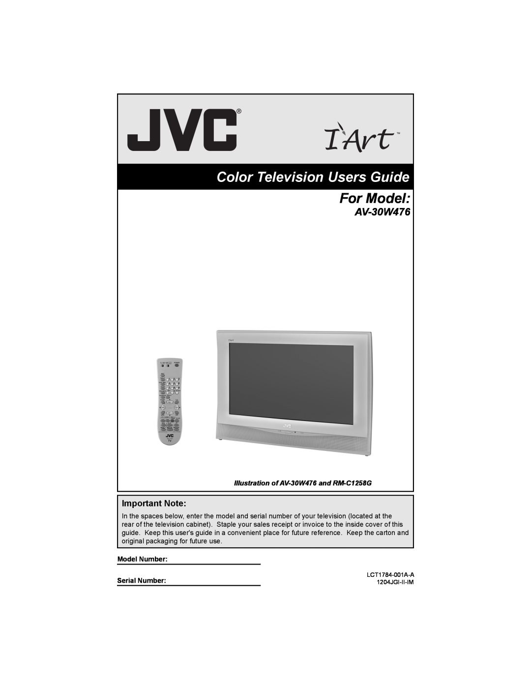 JVC AV 30W476 manual AV-30W476, Important Note, Color Television Users Guide, For Model 