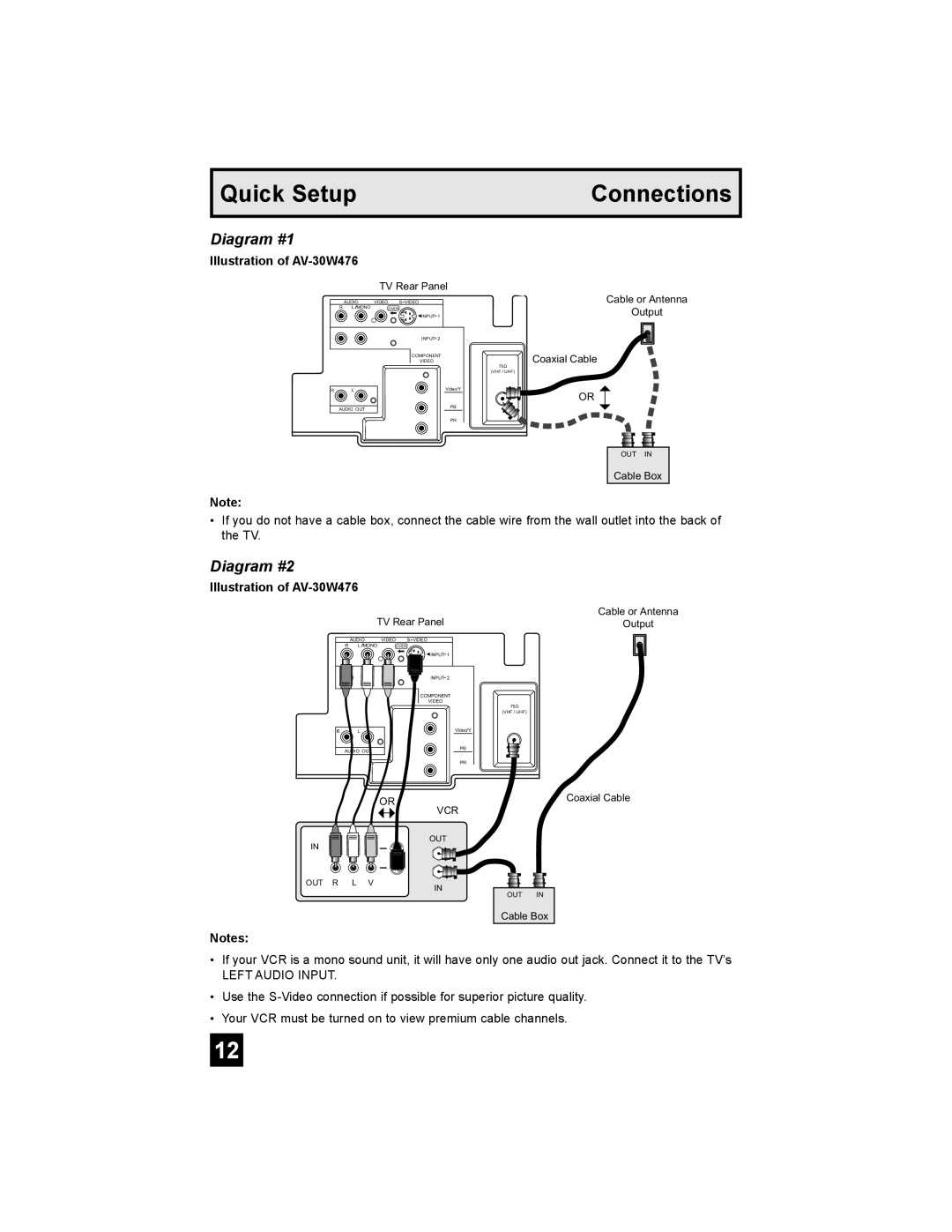 JVC AV 30W476 manual Diagram #1, Diagram #2, Quick Setup, Connections 