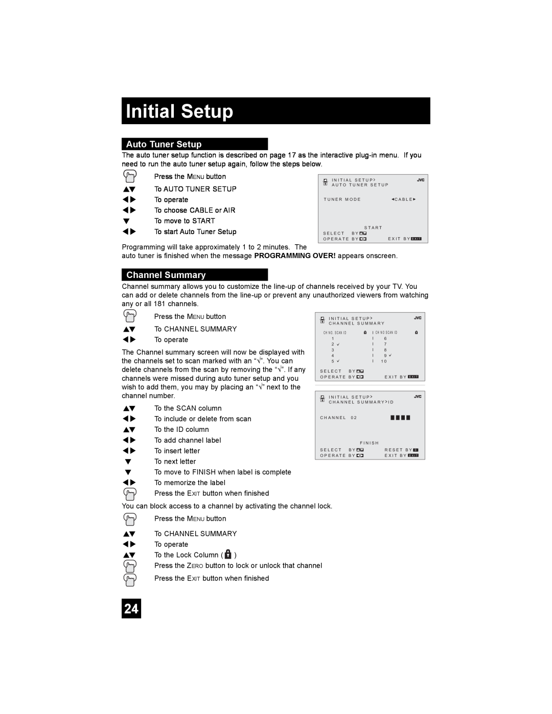 JVC AV 30W476 manual Initial Setup, Auto Tuner Setup, Channel Summary 
