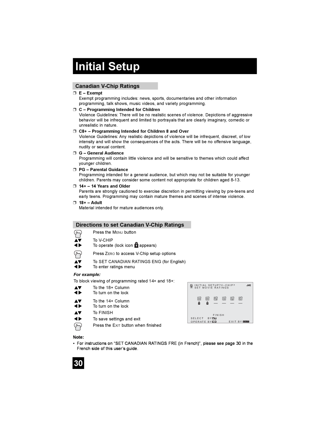 JVC AV 30W476 manual Directions to set Canadian V-Chip Ratings, Initial Setup, For example 