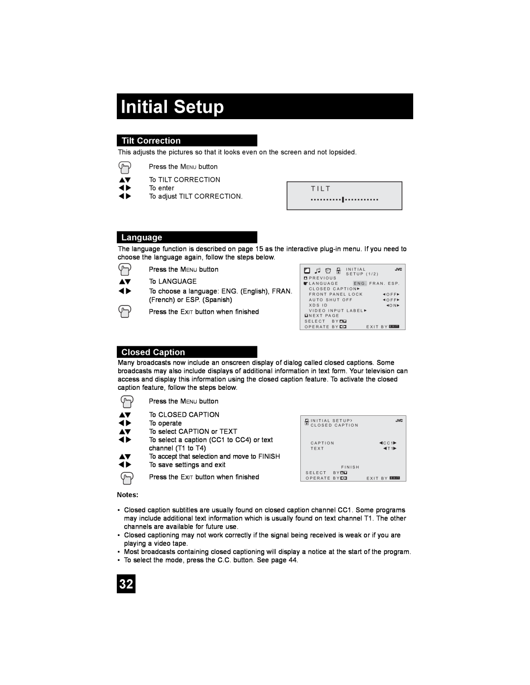 JVC AV 30W476 manual Tilt Correction, Language, Closed Caption, Initial Setup 