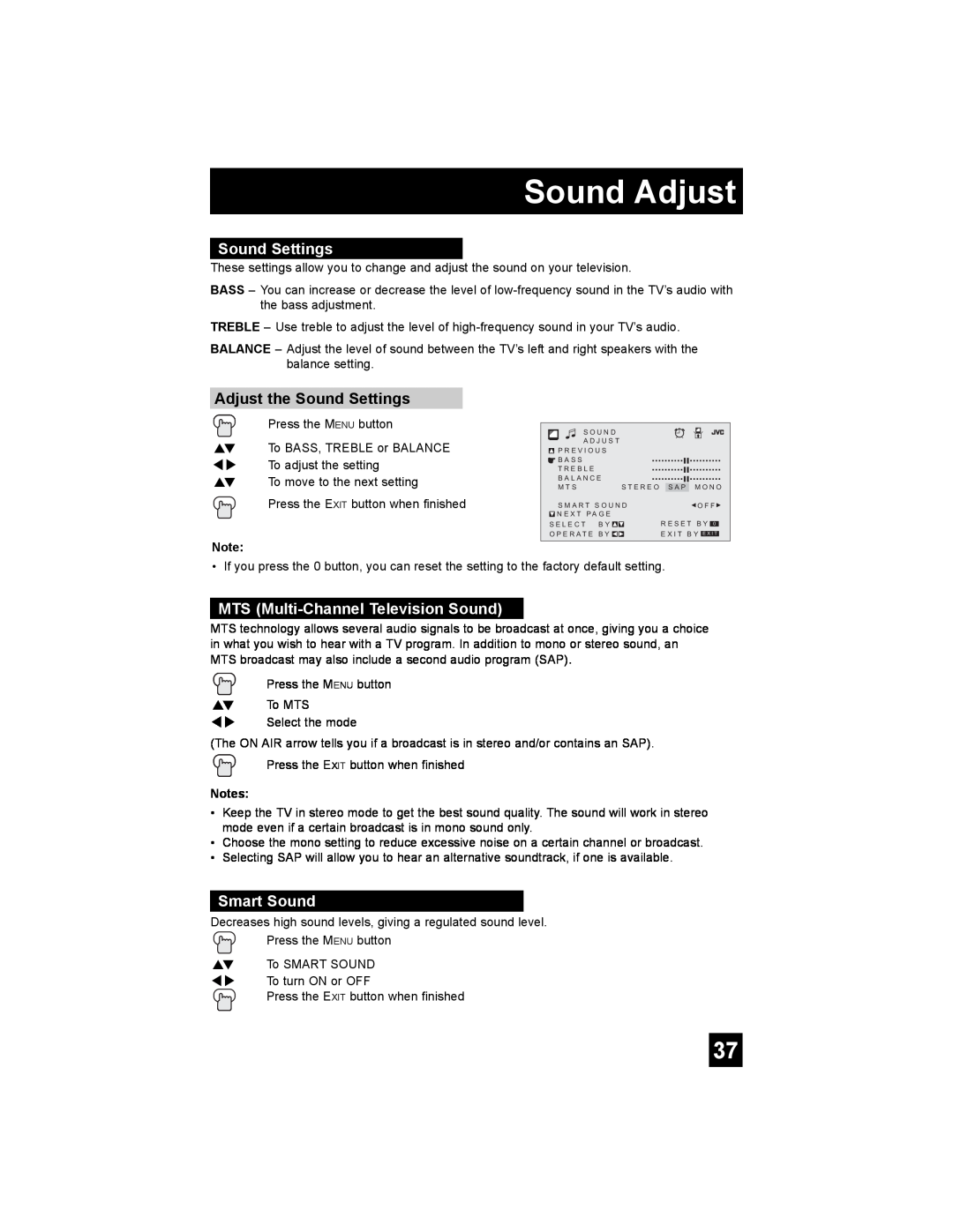 JVC AV 30W476 manual Sound Adjust, Adjust the Sound Settings, MTS Multi-Channel Television Sound, Smart Sound 