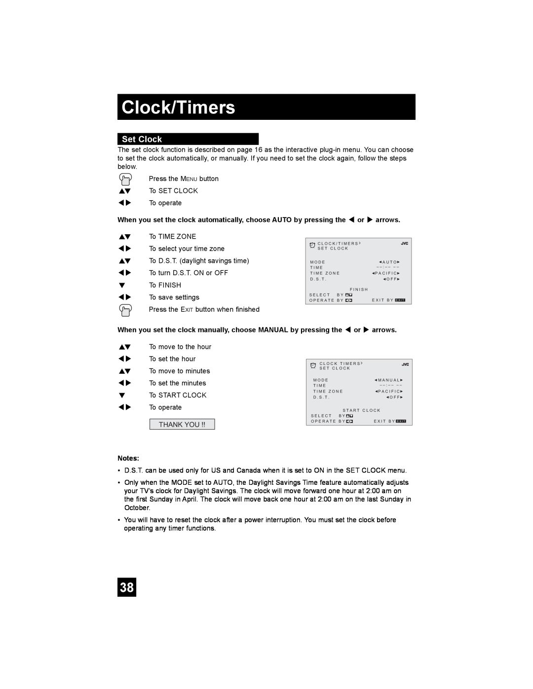 JVC AV 30W476 manual Clock/Timers, Set Clock 