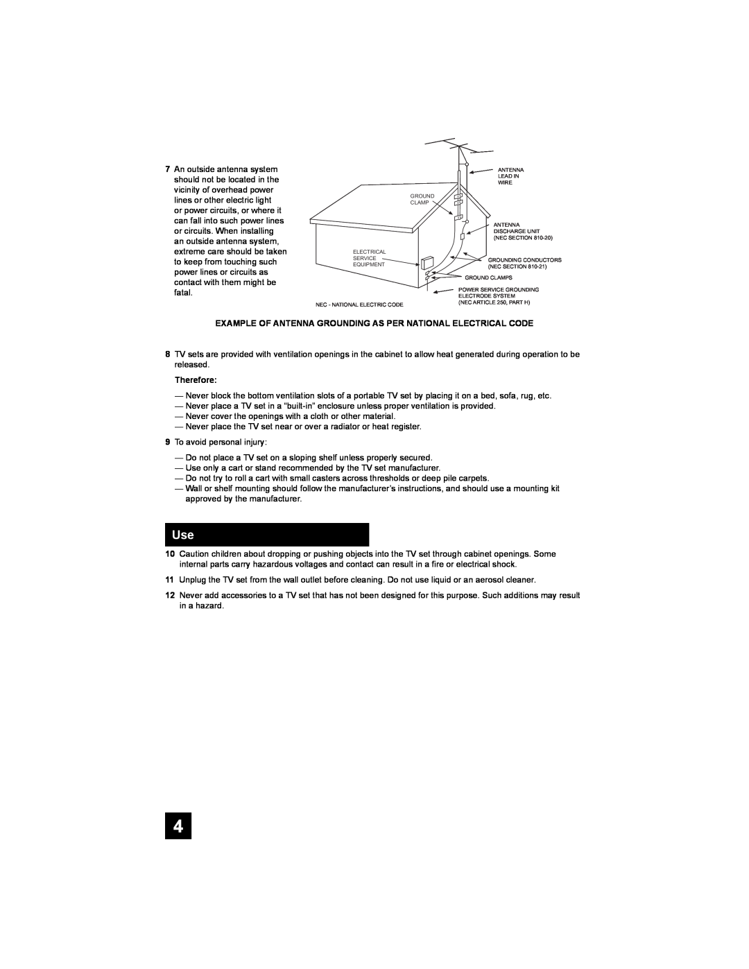 JVC AV 30W476 manual Example Of Antenna Grounding As Per National Electrical Code, Therefore 