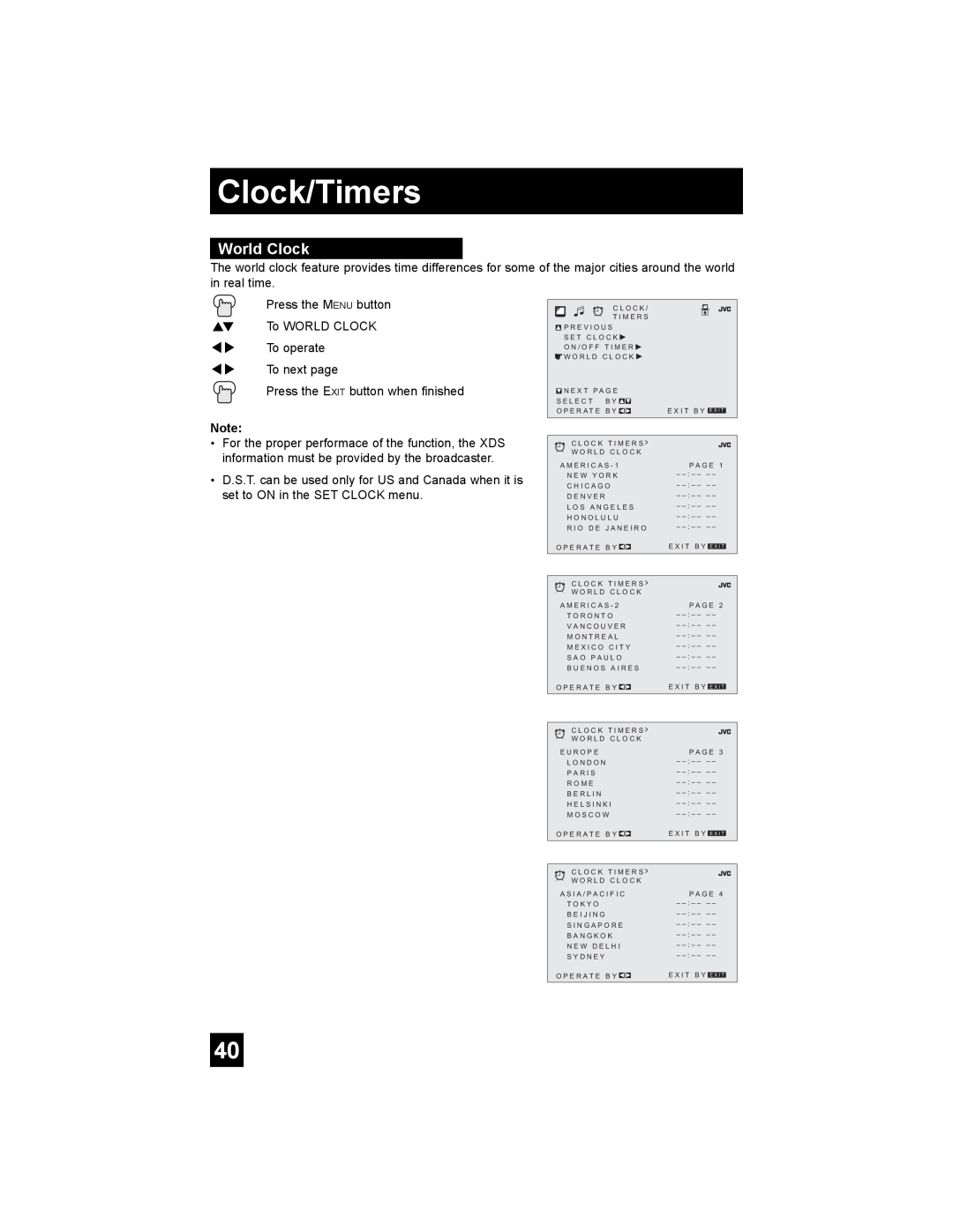 JVC AV 30W476 manual World Clock, Clock/Timers 