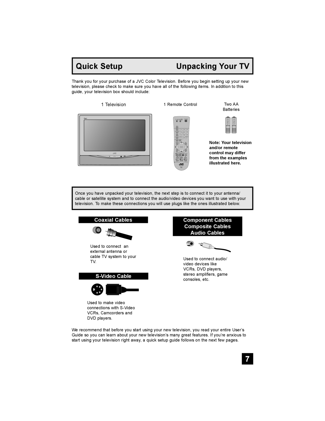 JVC AV 30W476 manual Quick Setup, Unpacking Your TV, Coaxial Cables, S-Video Cable 