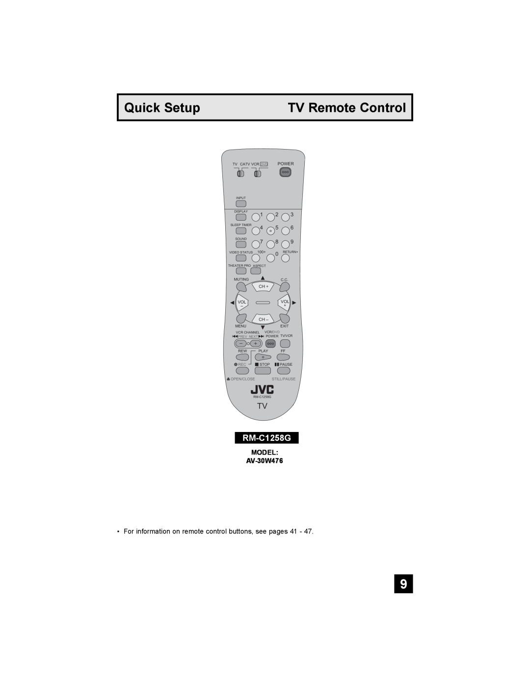 JVC AV 30W476 manual TV Remote Control, RM-C1258G, Quick Setup, Open/Close, Input, Display, Sleep Timer, VIDEO STATUS 100+ 