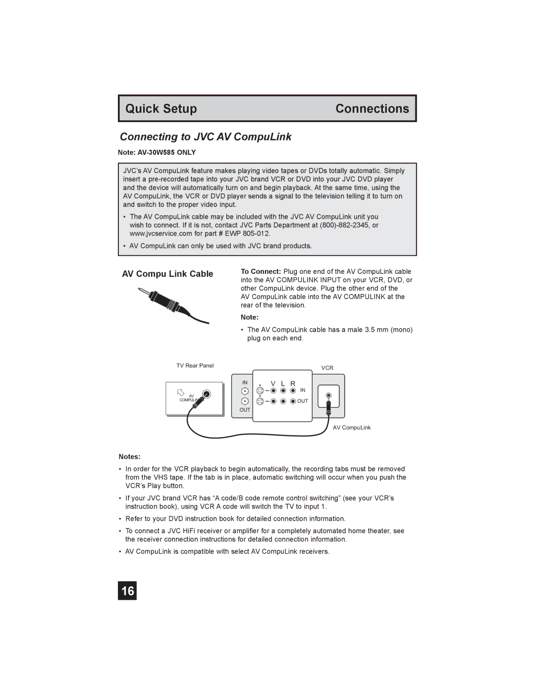 JVC AV-30W585, AV-30W575, AV 30W575 manual Connecting to JVC AV CompuLink, AV Compu Link Cable 