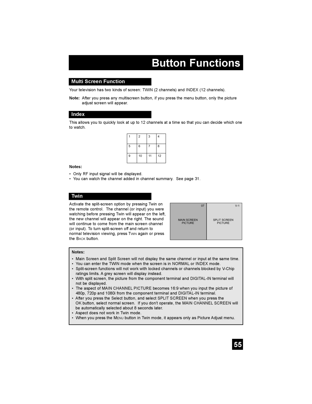 JVC AV 30W575, AV-30W585, AV-30W575 manual Button Functions, Multi Screen Function, Index, Twin 