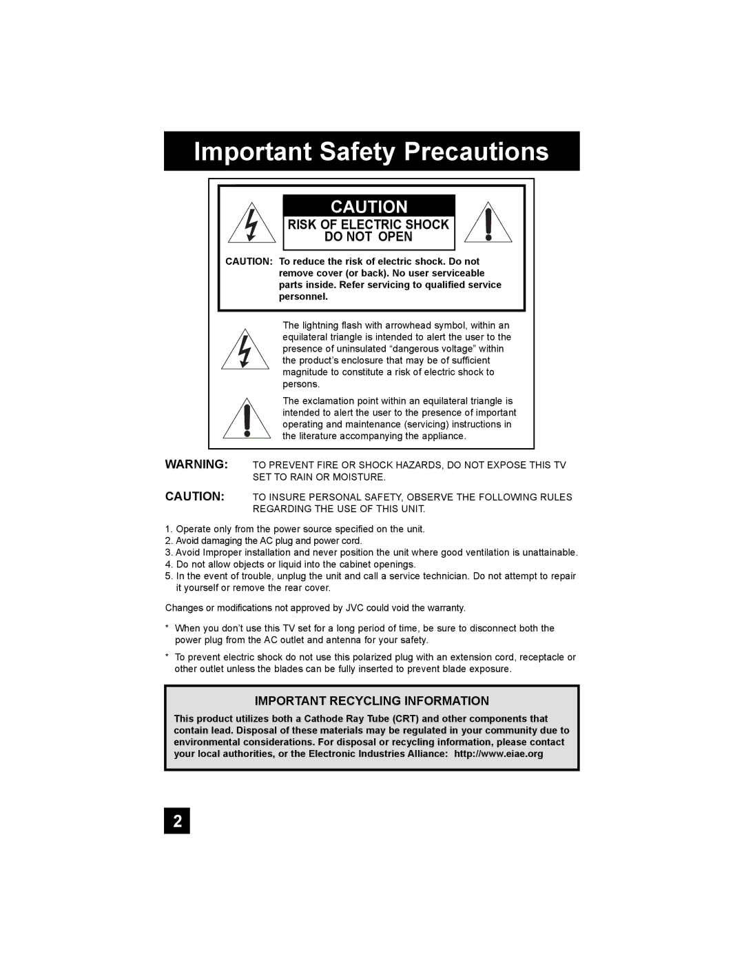 JVC AV-30W777, AV-30W767, AV 30W777 manual Important Safety Precautions, Risk of Electric Shock Do not Open 