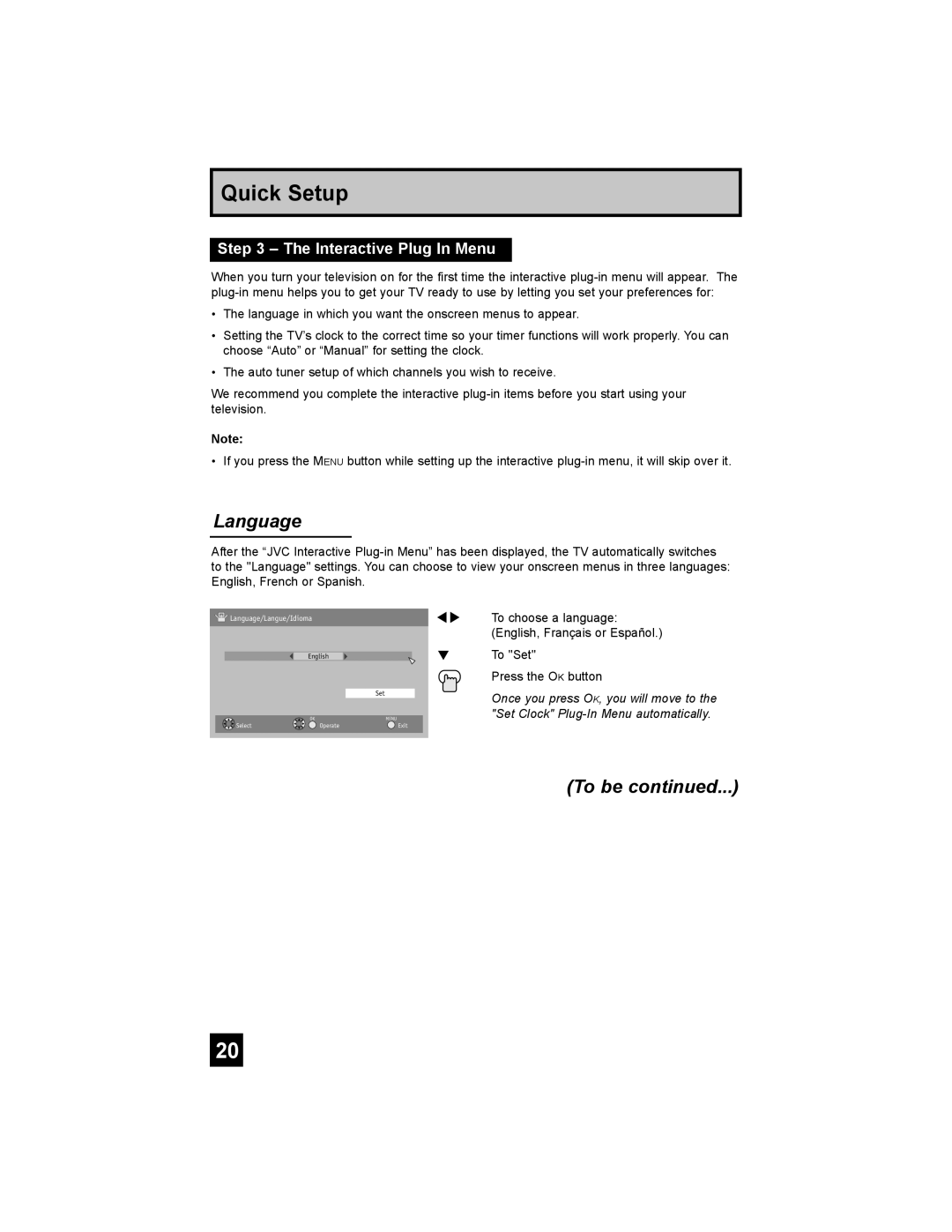 JVC AV-30W777, AV-30W767, AV 30W777 manual Language, To be, Interactive Plug In Menu 