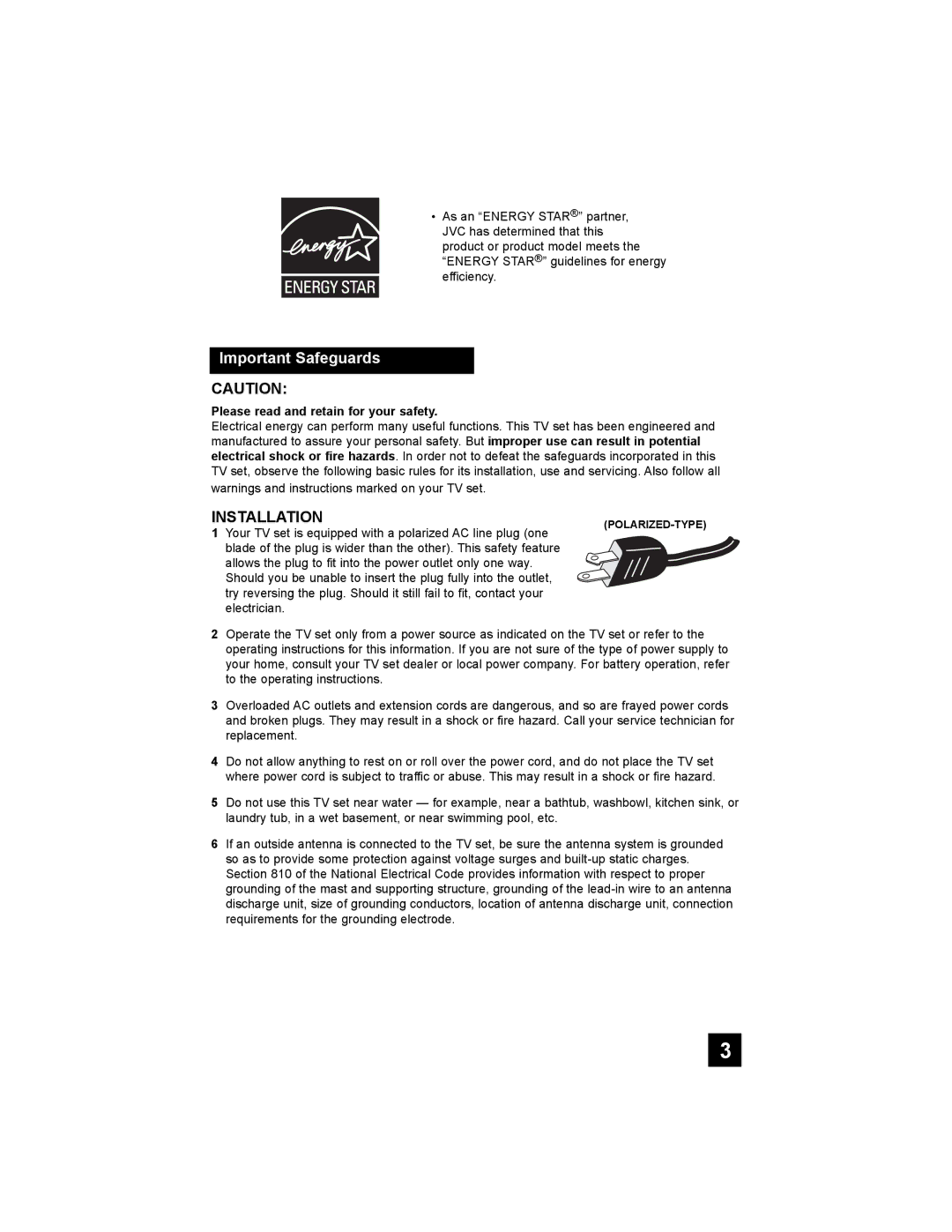 JVC AV 30W777, AV-30W777, AV-30W767 manual Important Safeguards, Please read and retain for your safety 