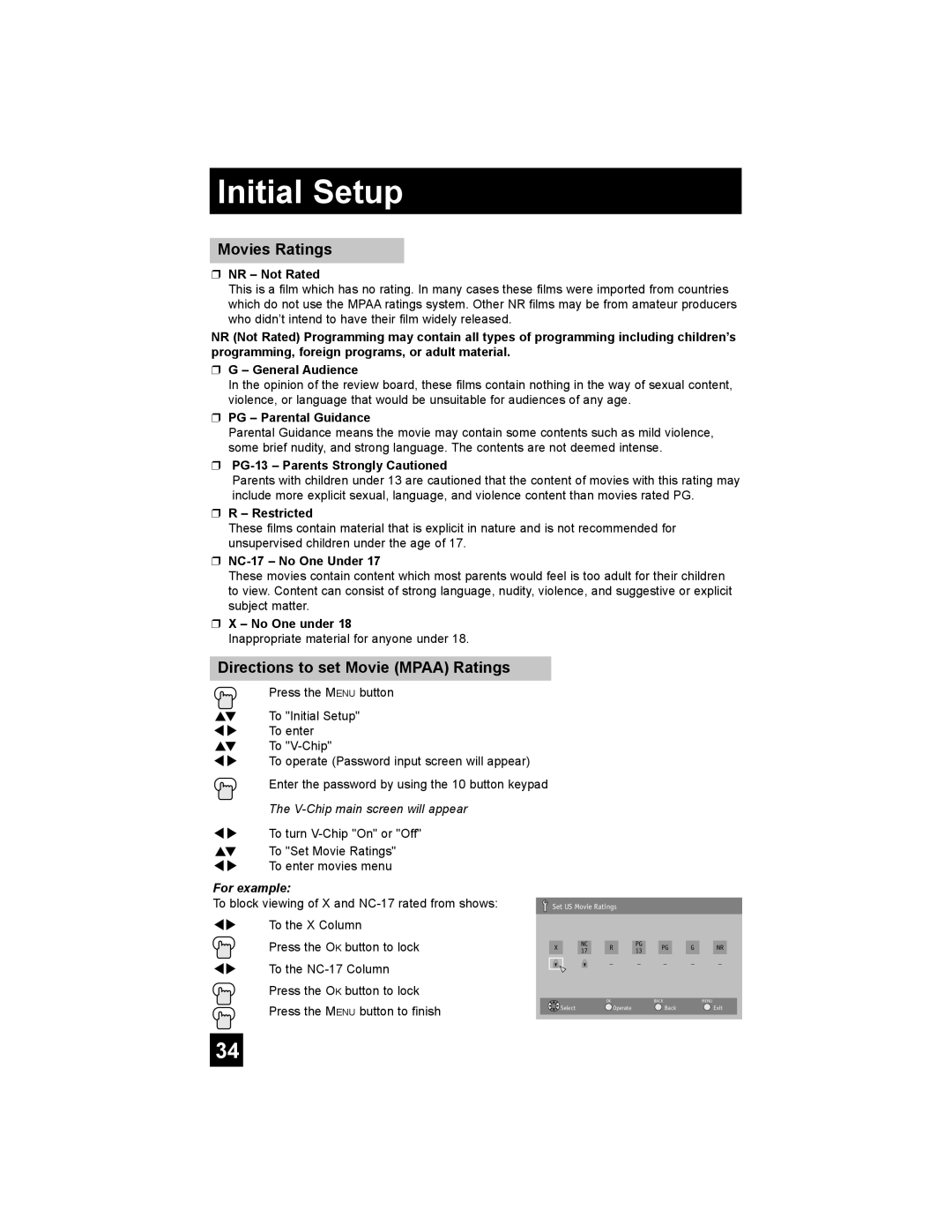 JVC AV-30W777, AV-30W767, AV 30W777 manual Movies Ratings, Directions to set Movie Mpaa Ratings 