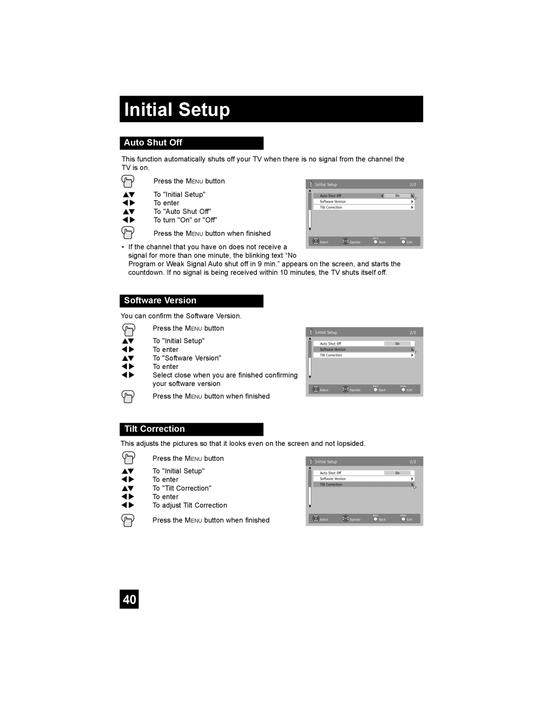 JVC AV-30W777, AV-30W767, AV 30W777 manual Auto Shut Off, Software Version, Tilt Correction 