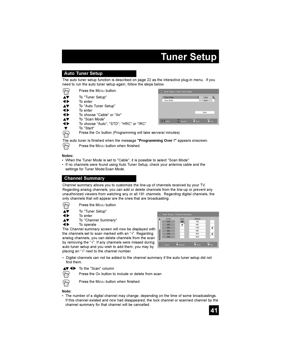 JVC AV 30W777, AV-30W777, AV-30W767 Auto Tuner Setup, Channel Summary, To Tuner Setup, To choose Auto, STD, HRC or IRC 