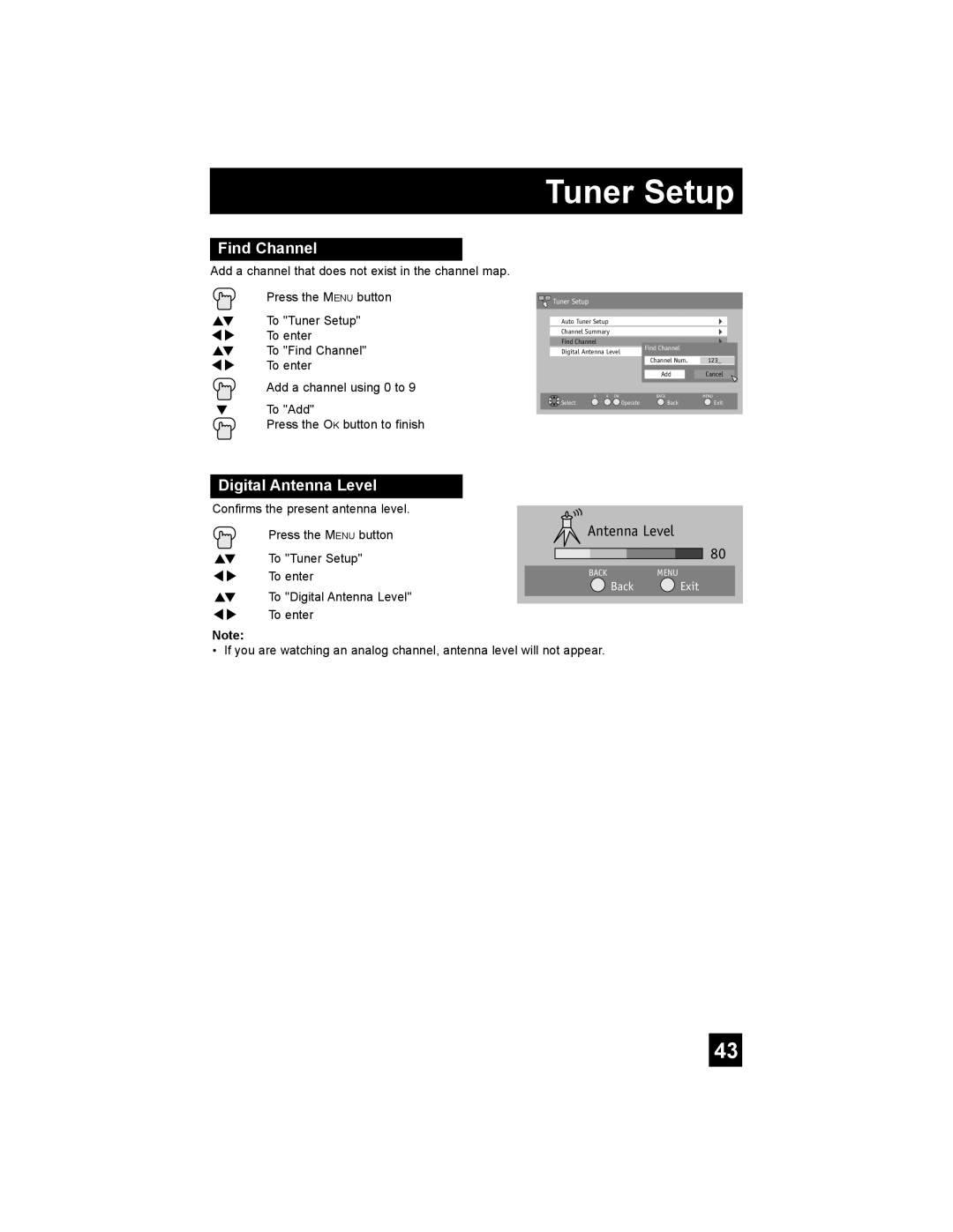 JVC AV 30W777 manual Find Channel, Digital Antenna Level, Confirms the present antenna level Press the Menu button 