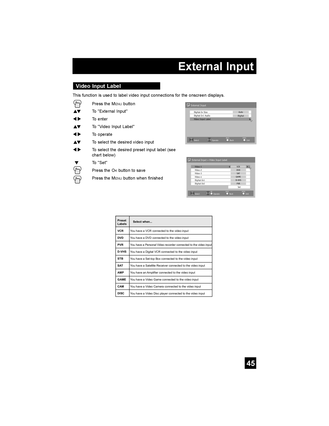 JVC AV 30W777, AV-30W777, AV-30W767 manual Video Input Label, Press the OK button to save 