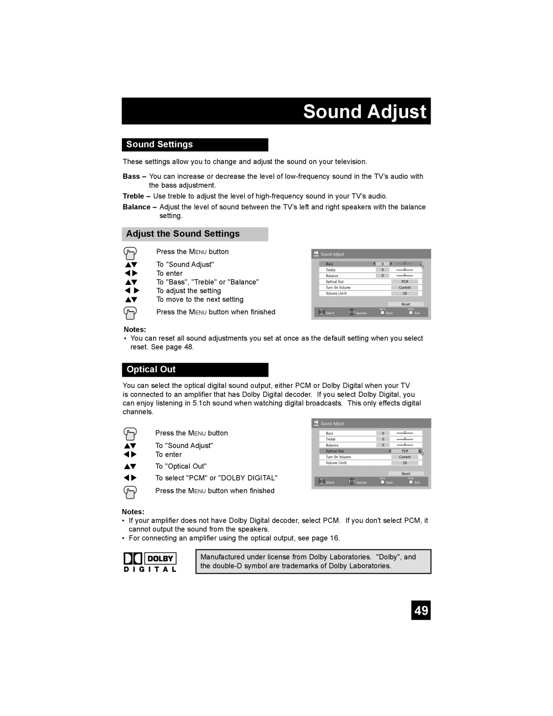 JVC AV 30W777, AV-30W777, AV-30W767 manual Adjust the Sound Settings, Optical Out, To Sound Adjust 