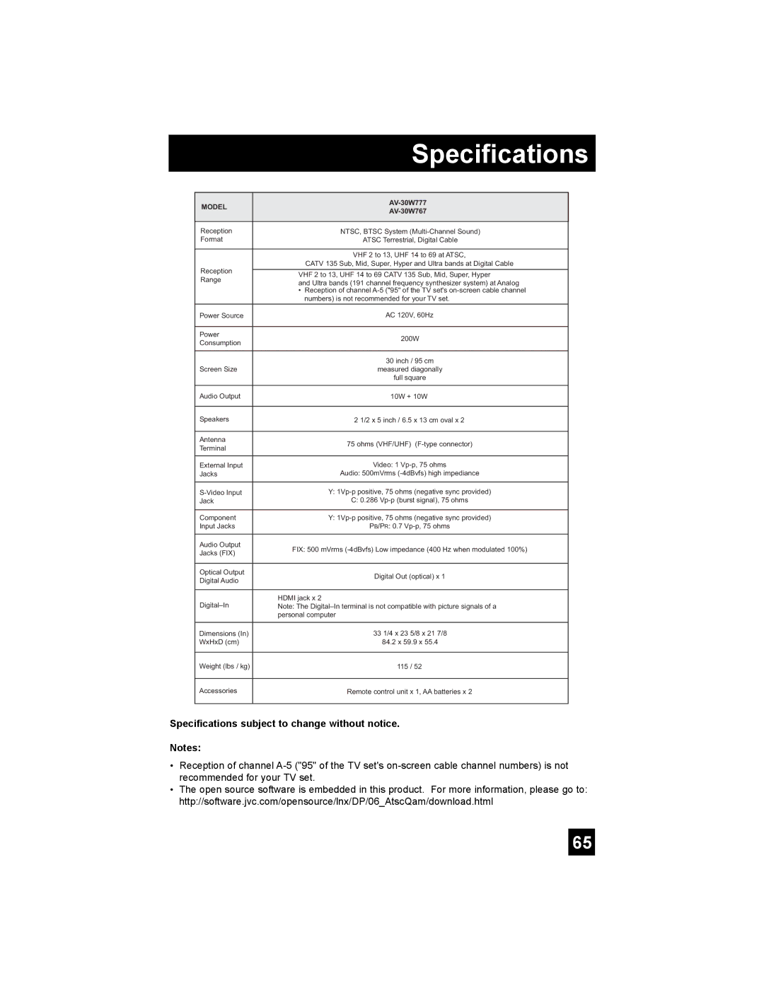 JVC AV 30W777, AV-30W777, AV-30W767 manual Specifications subject to change without notice 