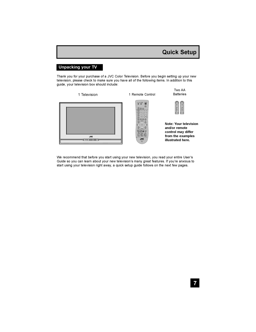 JVC AV 30W777, AV-30W777, AV-30W767 manual Unpacking your TV, Remote Control, Two AA Batteries 