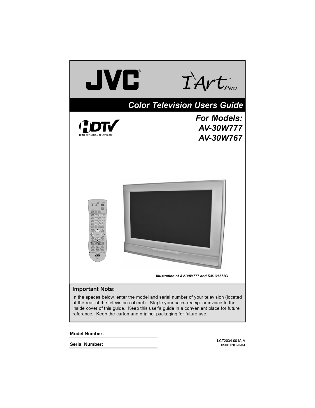 JVC AV 30W777, AV-30W777, AV-30W767 manual Important Note, Color Television Users Guide, For Models AV-30W777 AV-30W767 