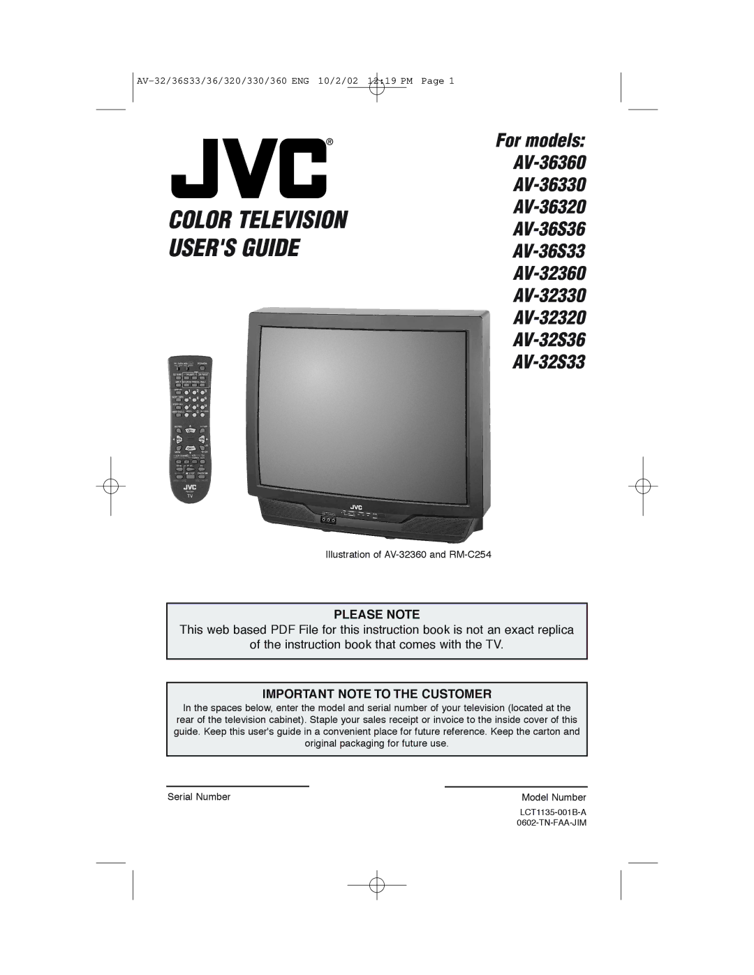 JVC AV 32320 manual Please Note, Important Note to the Customer 