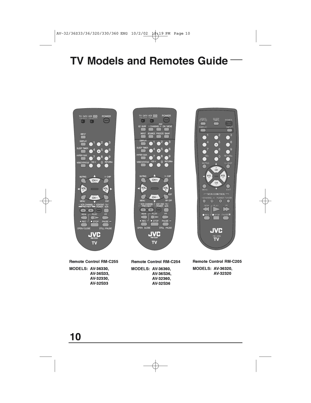 JVC AV 32320 manual Remote Control RM-C205 Models AV-36320, AV-32320 