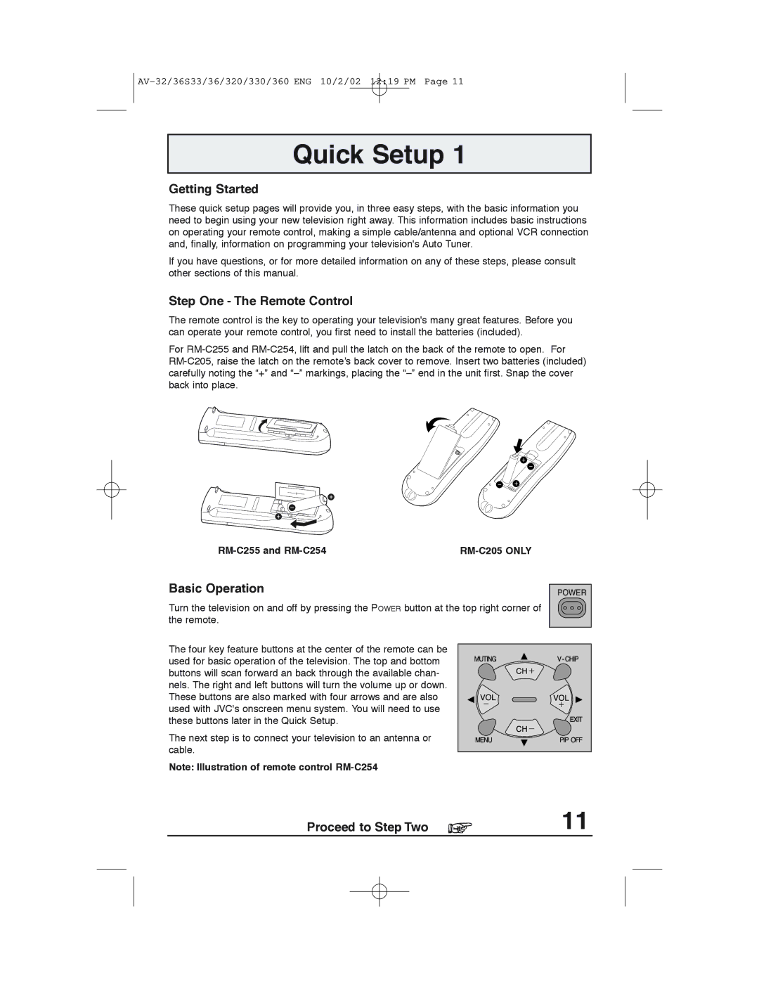 JVC AV 32320 manual Quick Setup, Getting Started, Step One The Remote Control, Basic Operation, Proceed to Step Two 