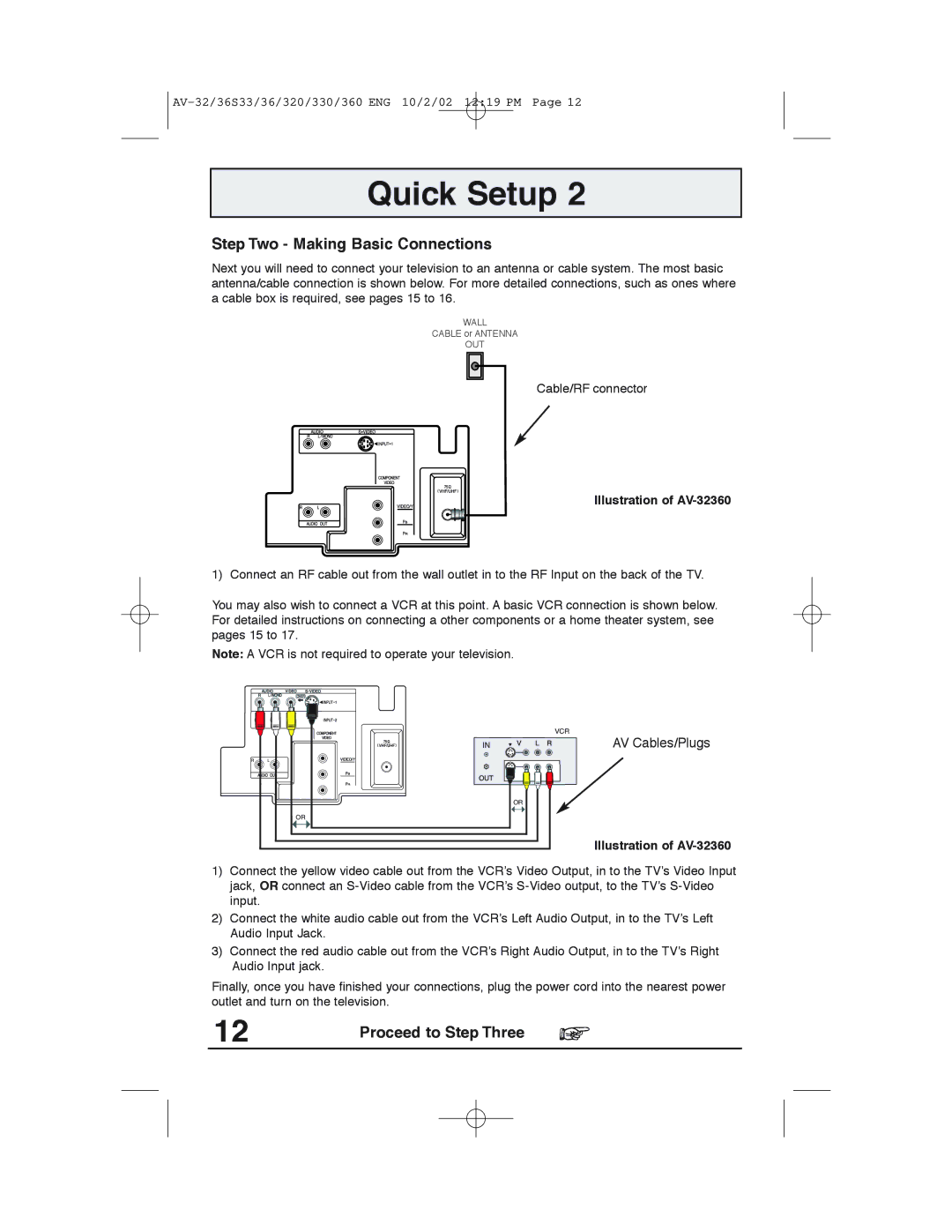 JVC AV 32320 manual Step Two Making Basic Connections, Proceed to Step Three, Illustration of AV-32360 