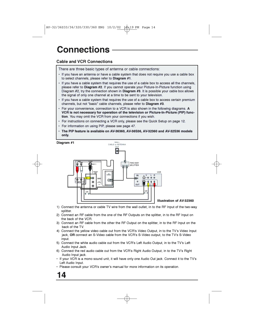 JVC AV 32320 manual Cable and VCR Connections 