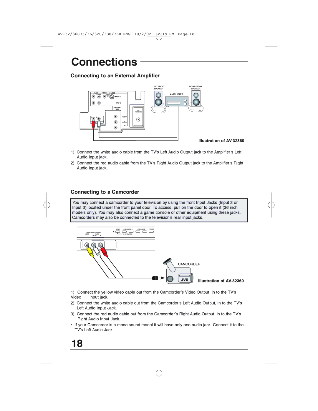 JVC AV 32320 manual Connecting to an External Amplifier, Connecting to a Camcorder 