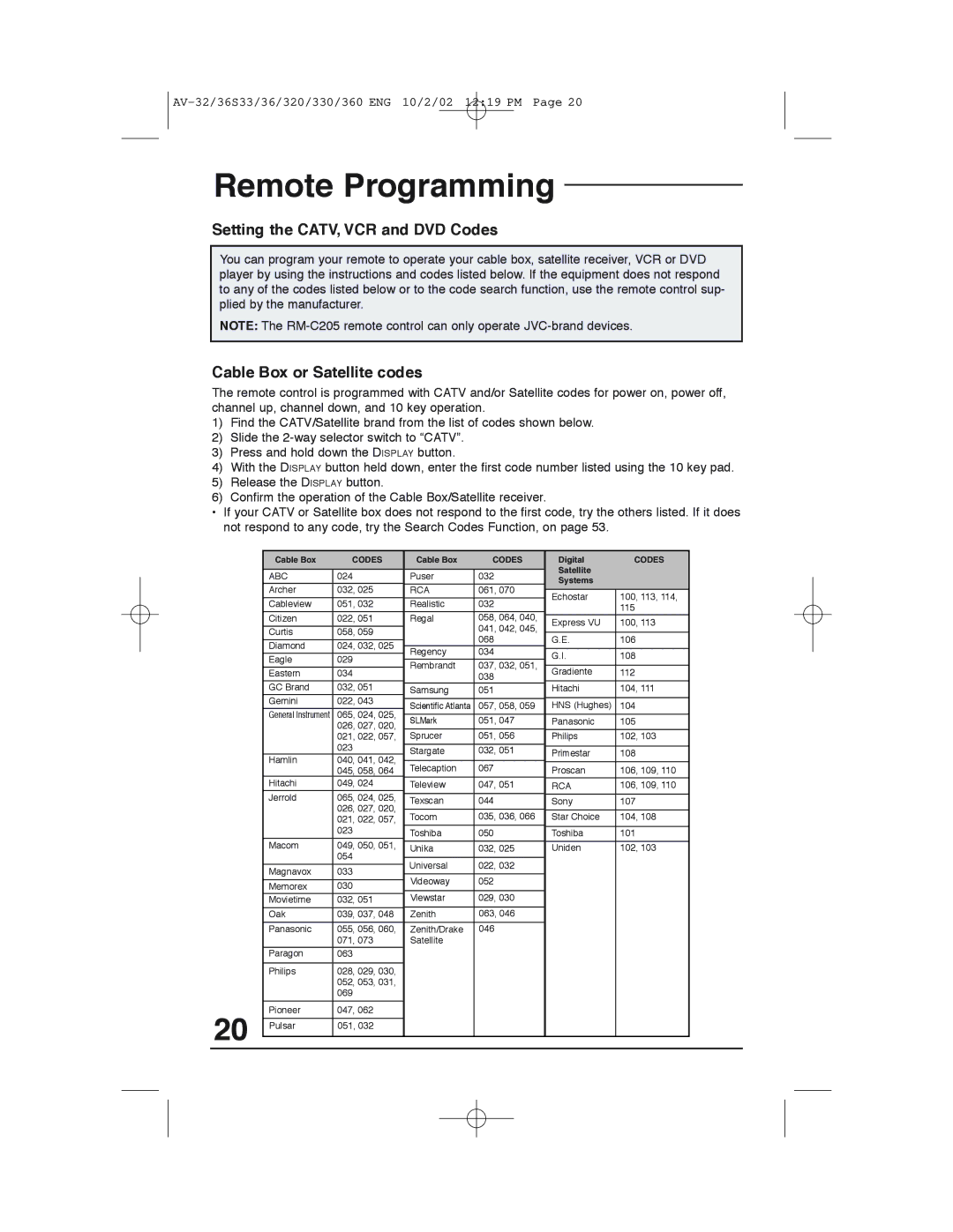 JVC AV 32320 manual Remote Programming, Setting the CATV, VCR and DVD Codes, Cable Box or Satellite codes 