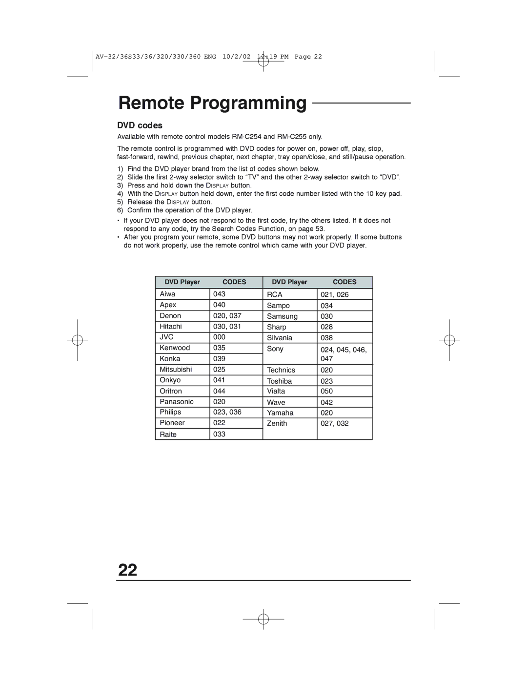 JVC AV 32320 manual DVD codes, Jvc 