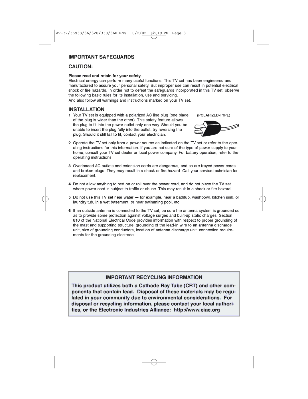 JVC AV 32320 Important Safeguards, Installation, Important Recycling Information, Please read and retain for your safety 