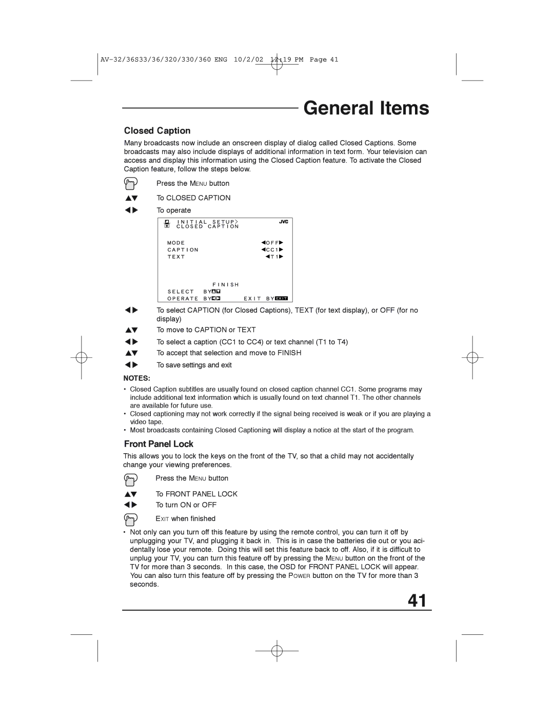 JVC AV 32320 manual Closed Caption, Front Panel Lock 