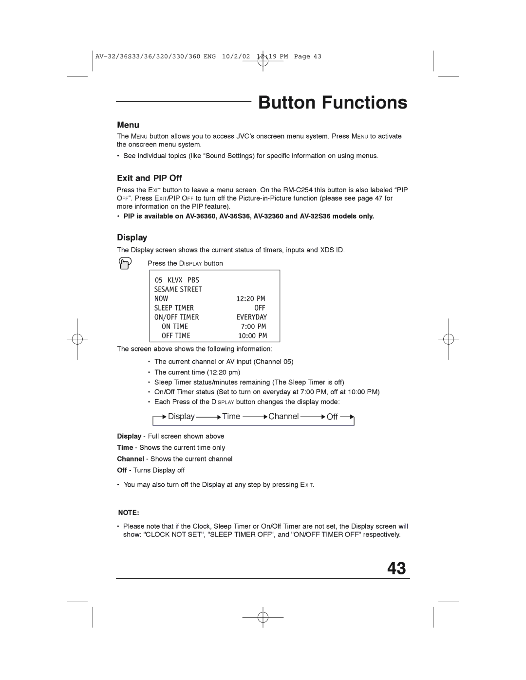 JVC AV 32320 manual Button Functions, Menu, Exit and PIP Off, Display 