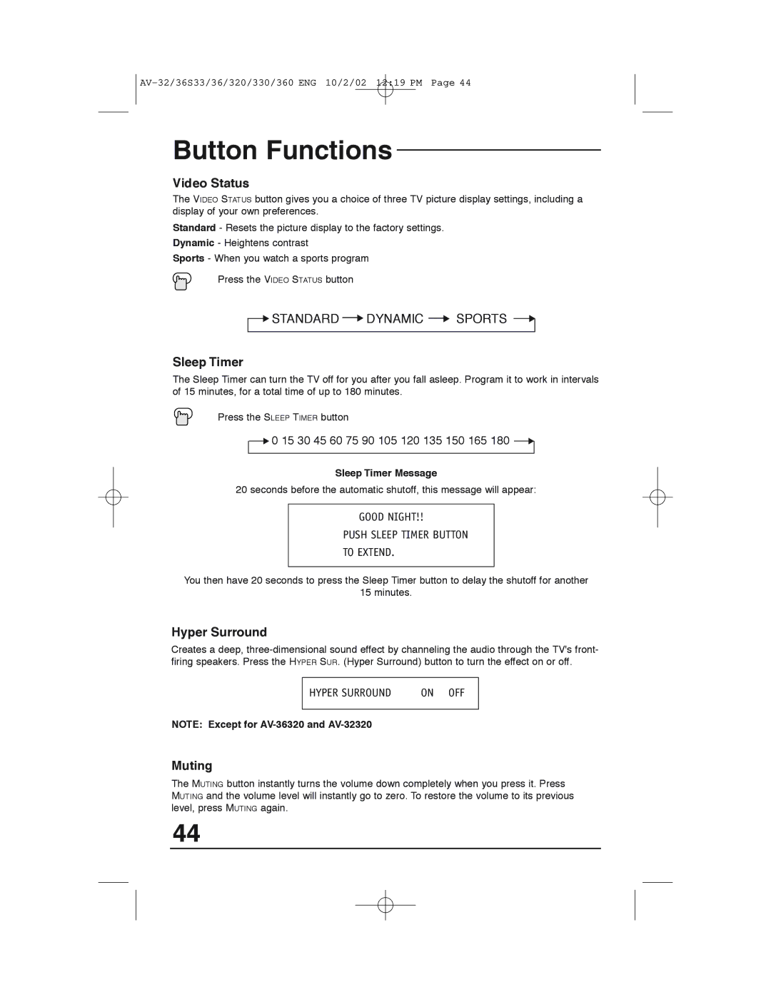 JVC AV 32320 manual Video Status, Hyper Surround, Muting, Sleep Timer Message 