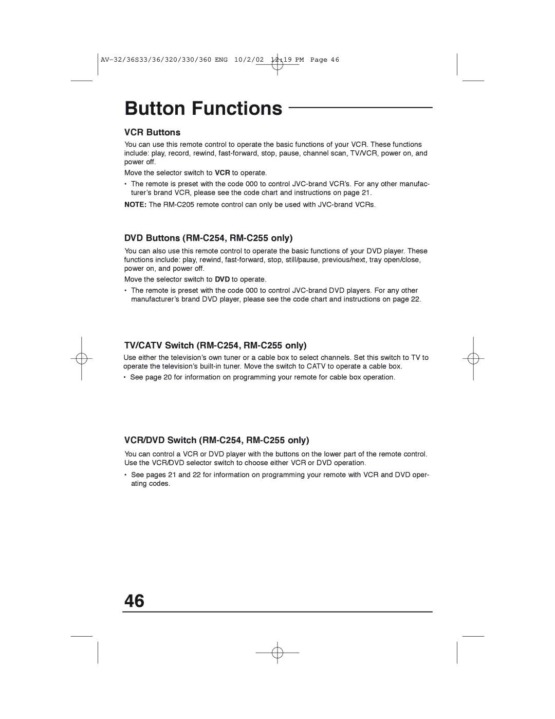 JVC AV 32320 manual VCR Buttons, DVD Buttons RM-C254, RM-C255 only, TV/CATV Switch RM-C254, RM-C255 only 