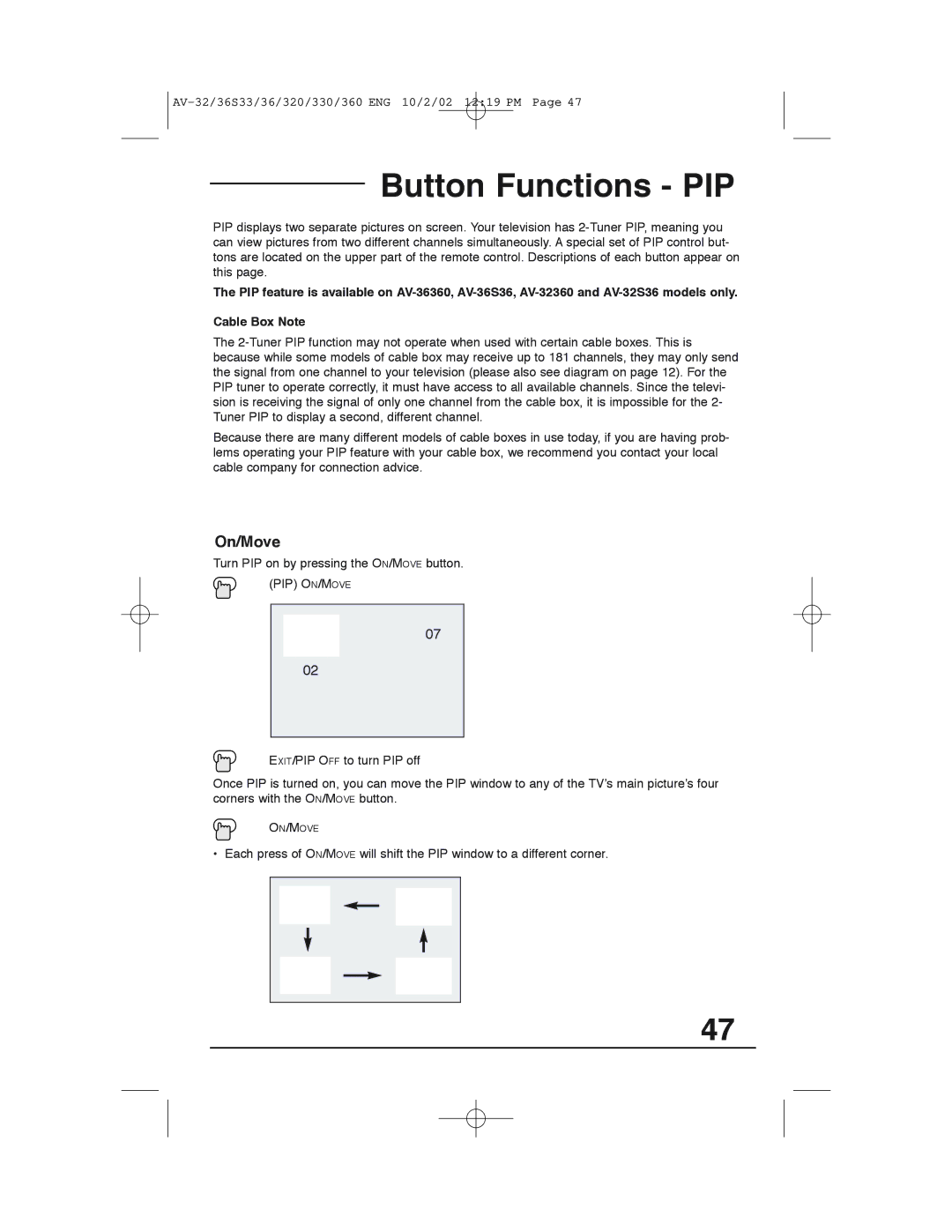 JVC AV 32320 manual Button Functions PIP, On/Move 