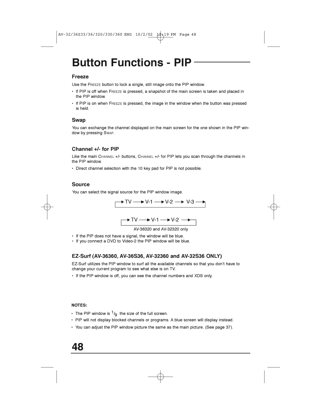JVC AV 32320 manual Freeze, Swap, Channel +/- for PIP, Source, EZ-Surf AV-36360, AV-36S36, AV-32360 and AV-32S36 only 